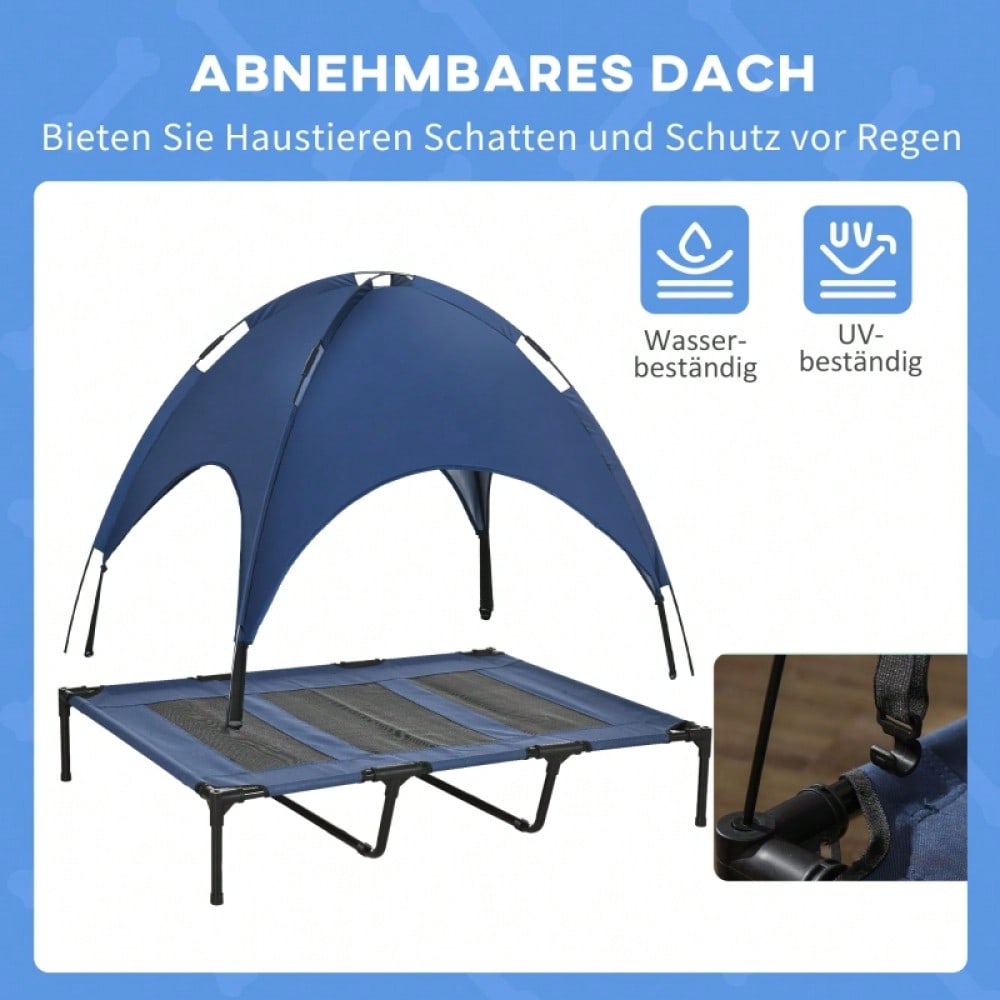 PawHut Outdoor Hundebett mit Baldachin & wasserfester Abdeckung | Klappbares, wetterfestes Hundesofa für den Garten | Tragbarer Hundeschlafplatz für große Hunde, 122x92x108 cm, blau-schwarz