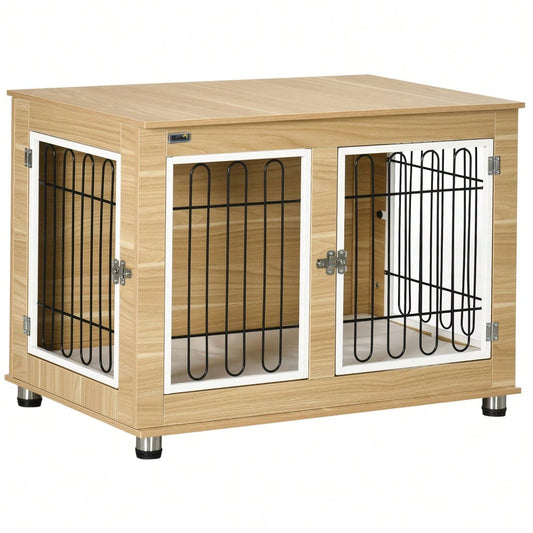 PawHut 2-in-1 Hundehütte mit Tischplatte & Kissen | Doppeltüren Design für innen & außen | Hundehaus & Hundekäfig in Eichenoptik, platzsparendes Hundemöbel
