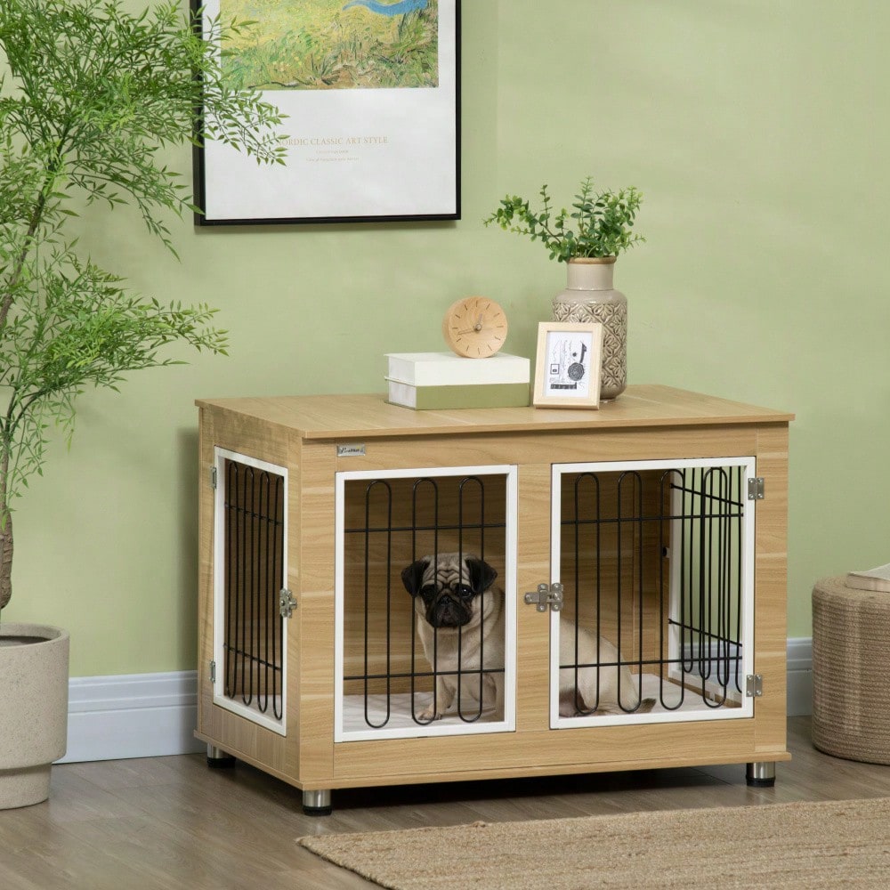 PawHut 2-in-1 Hundehütte mit Tischplatte & Kissen | Doppeltüren Design für innen & außen | Hundehaus & Hundekäfig in Eichenoptik, platzsparendes Hundemöbel