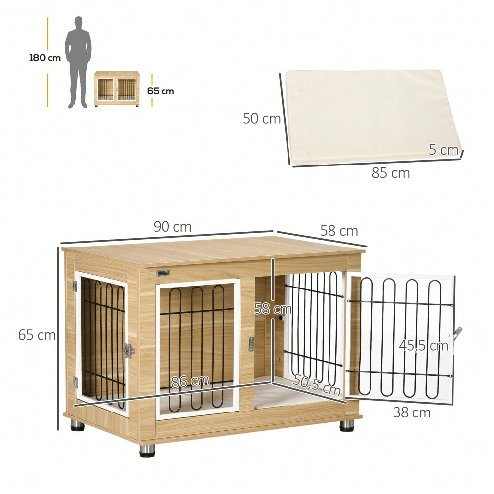PawHut 2-in-1 Hundehütte mit Tischplatte & Kissen | Doppeltüren Design für innen & außen | Hundehaus & Hundekäfig in Eichenoptik, platzsparendes Hundemöbel