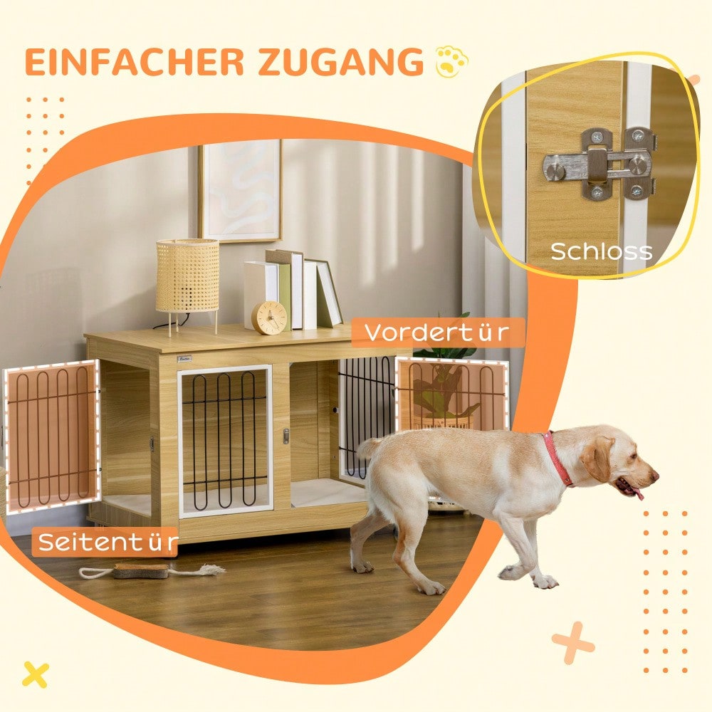 PawHut 2-in-1 Hundehütte mit Tischplatte & Kissen | Doppeltüren Design für innen & außen | Hundehaus & Hundekäfig in Eichenoptik, platzsparendes Hundemöbel
