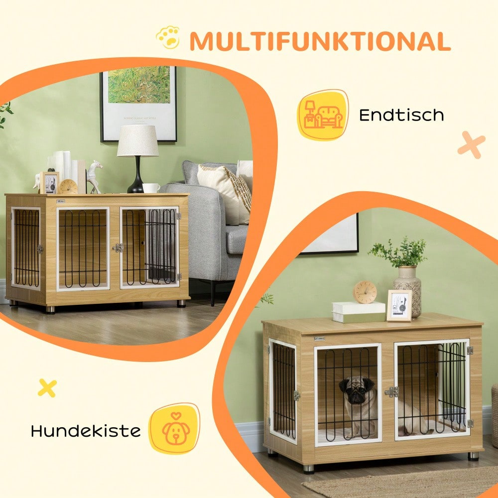 PawHut 2-in-1 Hundehütte mit Tischplatte & Kissen | Doppeltüren Design für innen & außen | Hundehaus & Hundekäfig in Eichenoptik, platzsparendes Hundemöbel