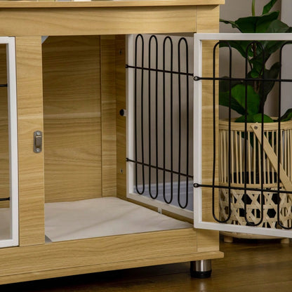 PawHut 2-in-1 Hundehütte mit Tischplatte & Kissen | Doppeltüren Design für innen & außen | Hundehaus & Hundekäfig in Eichenoptik, platzsparendes Hundemöbel