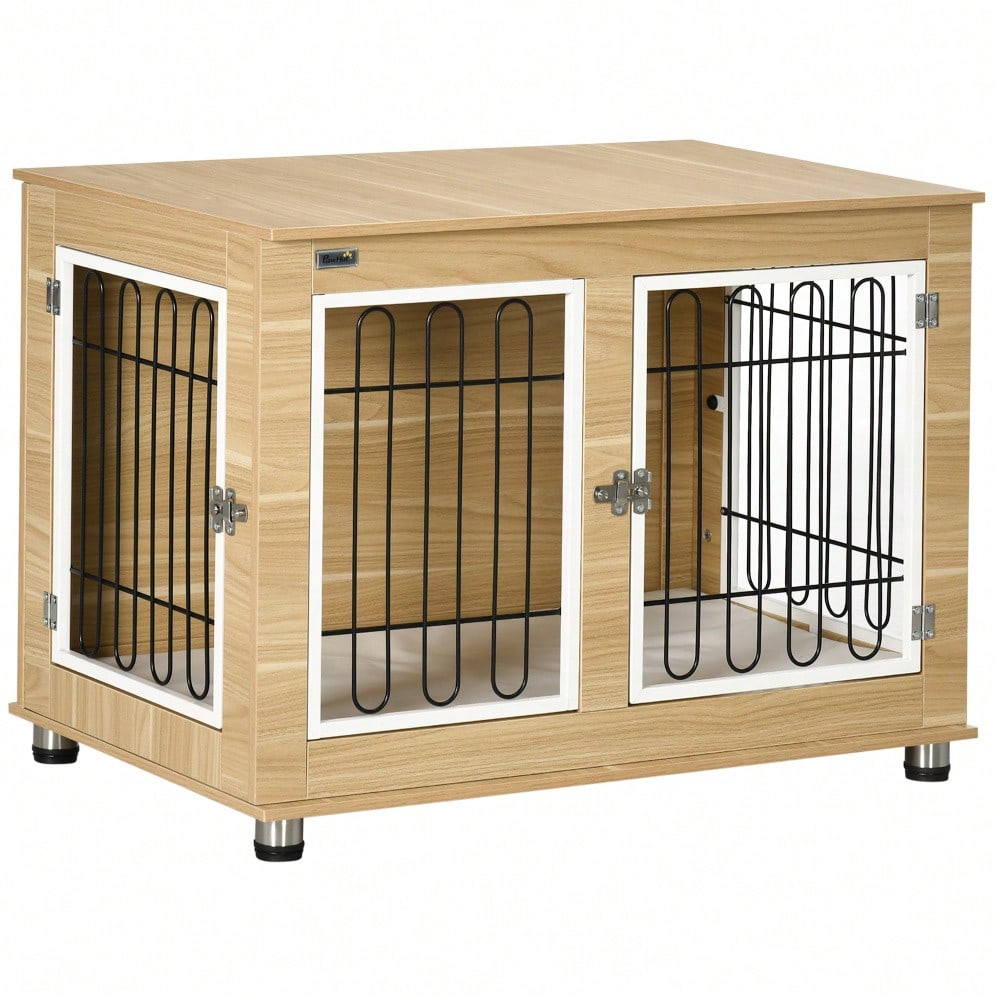 PawHut 2-in-1 Hundehütte mit Tischplatte & Kissen | Doppeltüren Design für innen & außen | Hundehaus & Hundekäfig in Eichenoptik, platzsparendes Hundemöbel