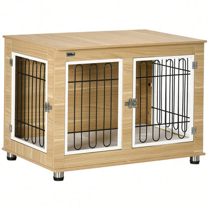 PawHut 2-in-1 Hundehütte mit Tischplatte & Kissen | Doppeltüren Design für innen & außen | Hundehaus & Hundekäfig in Eichenoptik, platzsparendes Hundemöbel