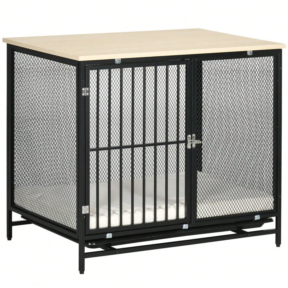 PawHut 2-in-1 Hundehaus mit Arbeitsplatte & Kissen | Hundekäfig mit ausziehbarer Bodenwanne für einfache Reinigung | Hundehütte in Eichenoptik & Schwarz, 80x55x71 cm
