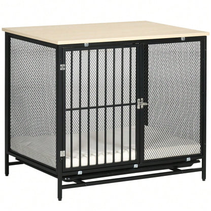 PawHut 2-in-1 Hundehaus mit Arbeitsplatte & Kissen | Hundekäfig mit ausziehbarer Bodenwanne für einfache Reinigung | Hundehütte in Eichenoptik & Schwarz, 80x55x71 cm
