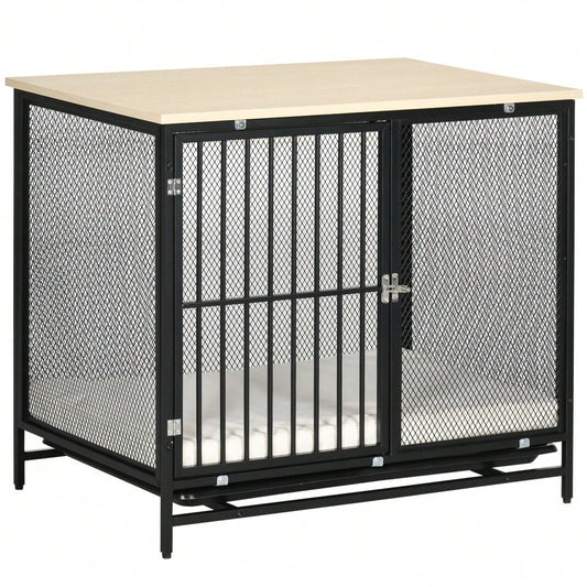 PawHut 2-in-1 Hundehaus mit Arbeitsplatte & Kissen | Hundekäfig mit ausziehbarer Bodenwanne für einfache Reinigung | Hundehütte in Eichenoptik & Schwarz, 80x55x71 cm