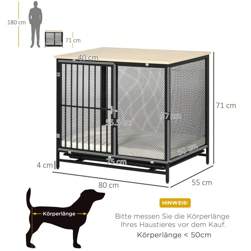 PawHut 2-in-1 Hundehaus mit Arbeitsplatte & Kissen | Hundekäfig mit ausziehbarer Bodenwanne für einfache Reinigung | Hundehütte in Eichenoptik & Schwarz, 80x55x71 cm