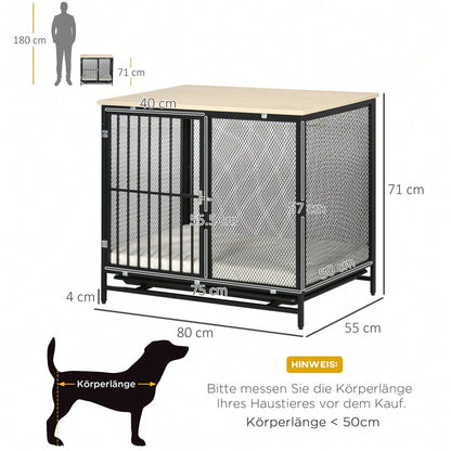 PawHut 2-in-1 Hundehaus mit Arbeitsplatte & Kissen | Hundekäfig mit ausziehbarer Bodenwanne für einfache Reinigung | Hundehütte in Eichenoptik & Schwarz, 80x55x71 cm