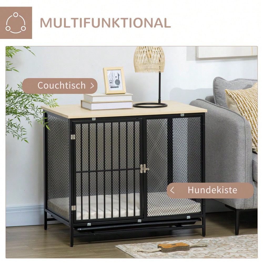 PawHut 2-in-1 Hundehaus mit Arbeitsplatte & Kissen | Hundekäfig mit ausziehbarer Bodenwanne für einfache Reinigung | Hundehütte in Eichenoptik & Schwarz, 80x55x71 cm