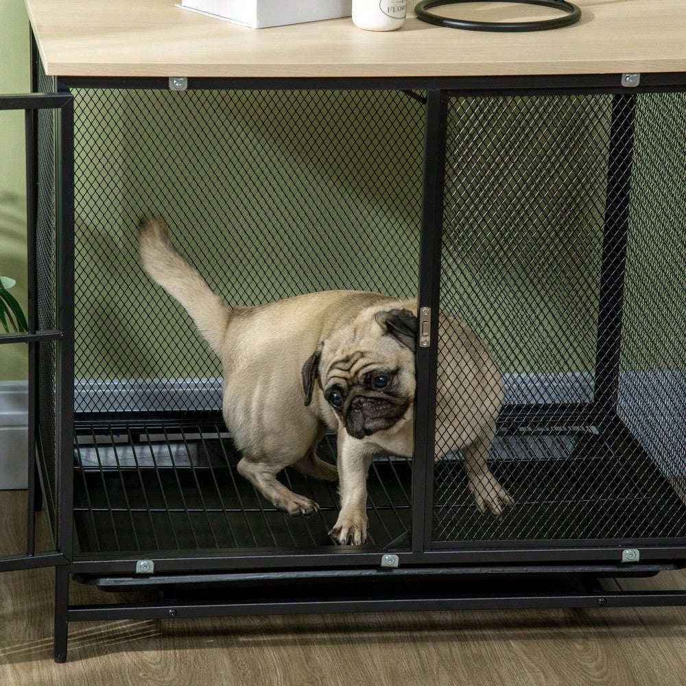 PawHut 2-in-1 Hundehaus mit Arbeitsplatte & Kissen | Hundekäfig mit ausziehbarer Bodenwanne für einfache Reinigung | Hundehütte in Eichenoptik & Schwarz, 80x55x71 cm