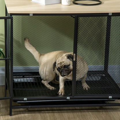 PawHut 2-in-1 Hundehaus mit Arbeitsplatte & Kissen | Hundekäfig mit ausziehbarer Bodenwanne für einfache Reinigung | Hundehütte in Eichenoptik & Schwarz, 80x55x71 cm