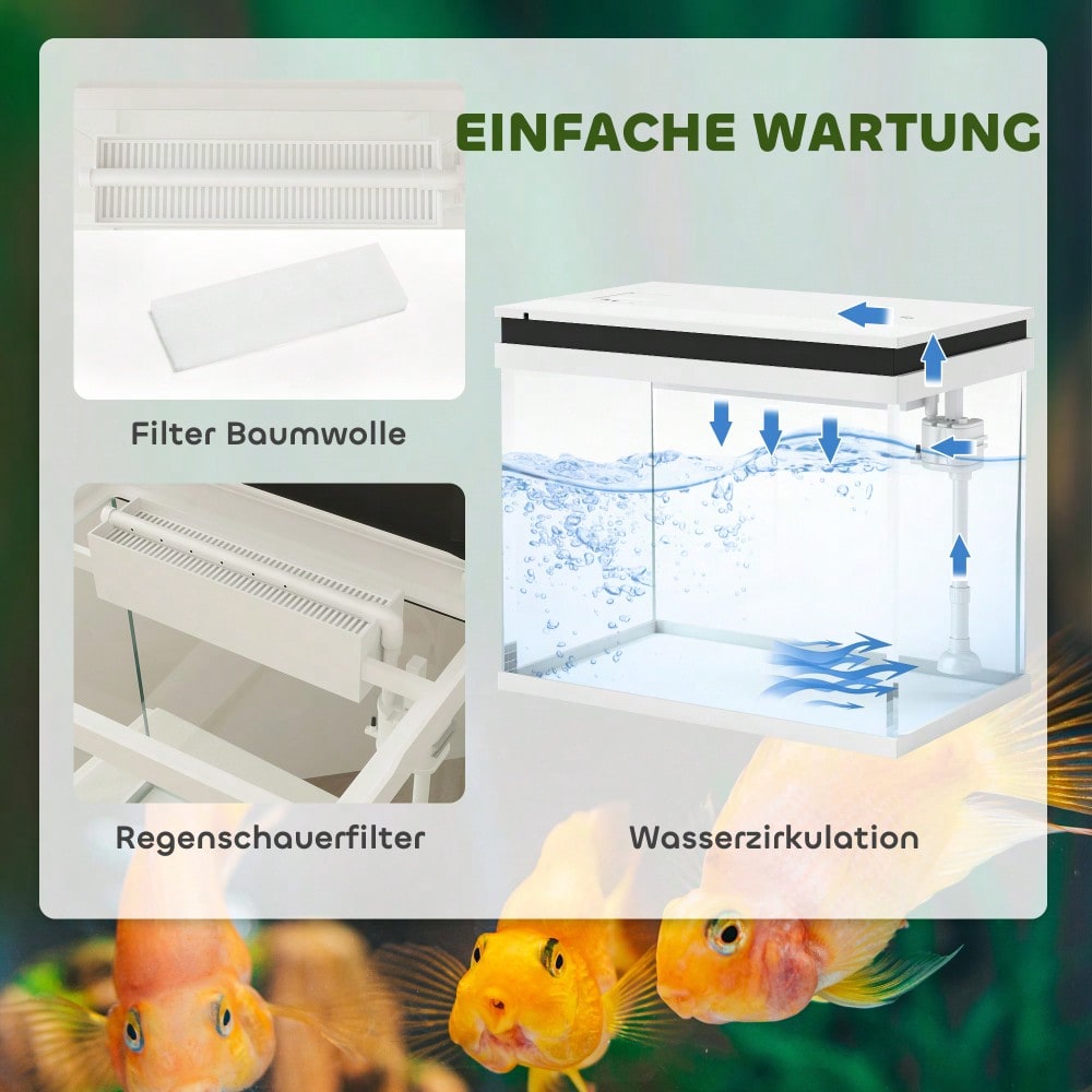 PawHut 41 Liter Komplett-Aquarium mit Filter, LED-Beleuchtung & Pumpe | Glas-Aquarium Starter-Set für Süßwasserfische | Inkl. Filtersystem, Wasserpumpe & weißen LED-Lichtern, kompakt