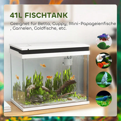 PawHut 41 Liter Komplett-Aquarium mit Filter, LED-Beleuchtung & Pumpe | Glas-Aquarium Starter-Set für Süßwasserfische | Inkl. Filtersystem, Wasserpumpe & weißen LED-Lichtern, kompakt