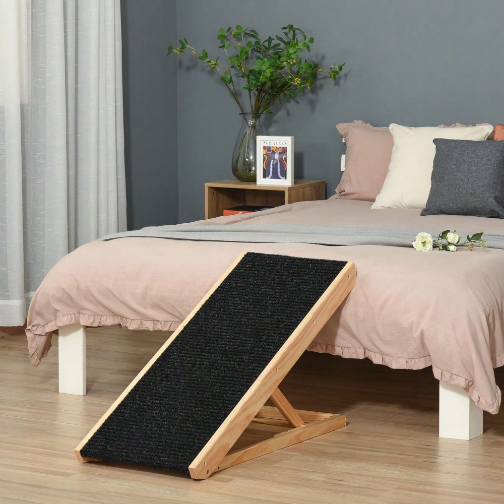 PawHut Verstellbare Hunderampe mit rutschfestem Teppich | Haustierrampe aus Kiefernholz für Auto, Couch & Bett | Anti-Rutsch Oberfläche für Hunde & Katzen bis XX kg, 90x40x61 cm