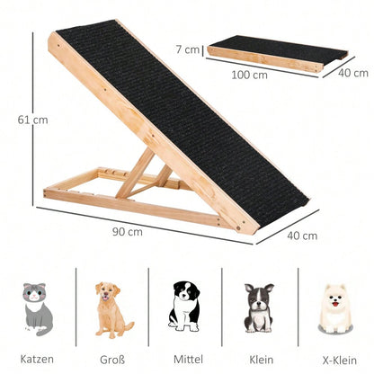 PawHut Verstellbare Hunderampe mit rutschfestem Teppich | Haustierrampe aus Kiefernholz für Auto, Couch & Bett | Anti-Rutsch Oberfläche für Hunde & Katzen bis XX kg, 90x40x61 cm