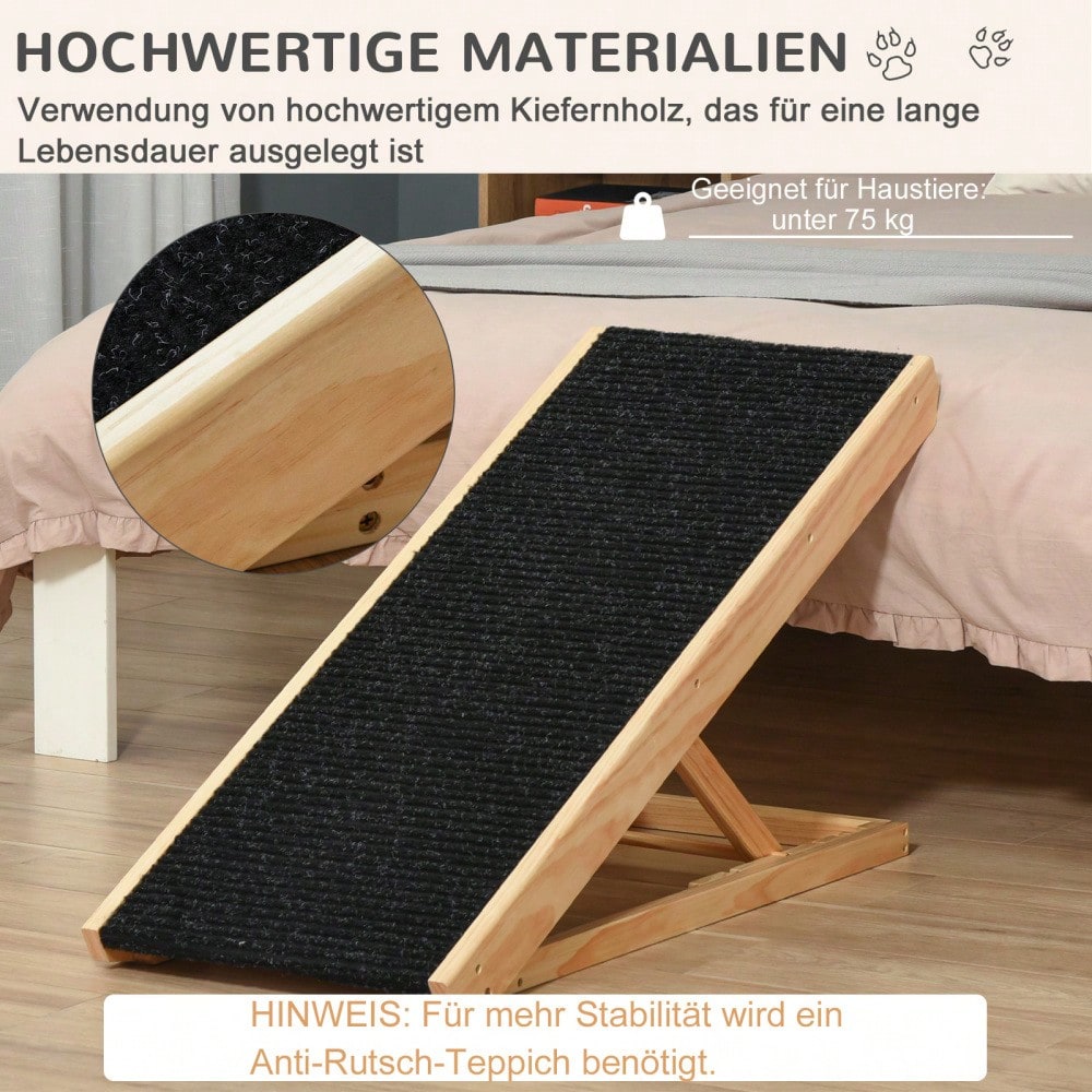 PawHut Verstellbare Hunderampe mit rutschfestem Teppich | Haustierrampe aus Kiefernholz für Auto, Couch & Bett | Anti-Rutsch Oberfläche für Hunde & Katzen bis XX kg, 90x40x61 cm
