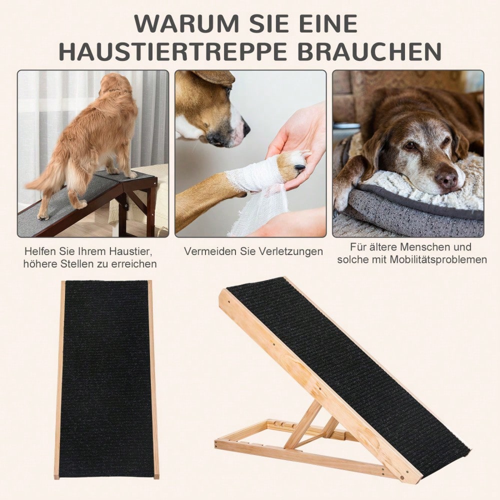 PawHut Verstellbare Hunderampe mit rutschfestem Teppich | Haustierrampe aus Kiefernholz für Auto, Couch & Bett | Anti-Rutsch Oberfläche für Hunde & Katzen bis XX kg, 90x40x61 cm