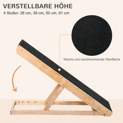PawHut Verstellbare Hunderampe mit rutschfestem Teppich | Haustierrampe aus Kiefernholz für Auto, Couch & Bett | Anti-Rutsch Oberfläche für Hunde & Katzen bis XX kg, 90x40x61 cm