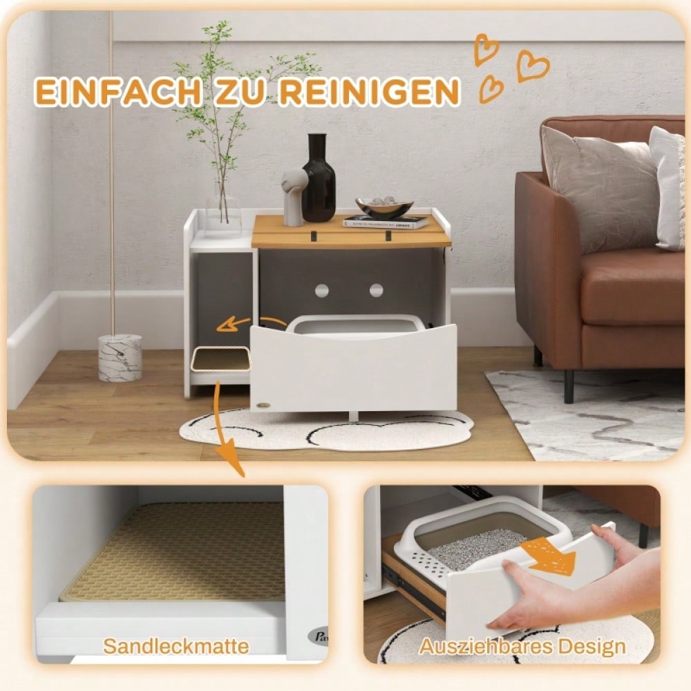 PawHut Katzentoilette im Schrankdesign mit ausziehbarer Wanne & Streufach | Verstecktes Katzenklo in Eiche/Weiß | Platzsparend 78x50x51 cm