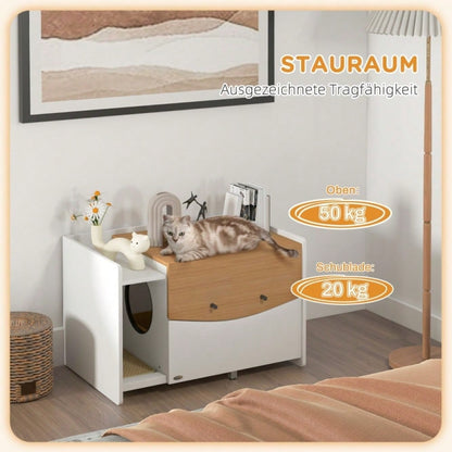 PawHut Katzentoilette im Schrankdesign mit ausziehbarer Wanne & Streufach | Verstecktes Katzenklo in Eiche/Weiß | Platzsparend 78x50x51 cm