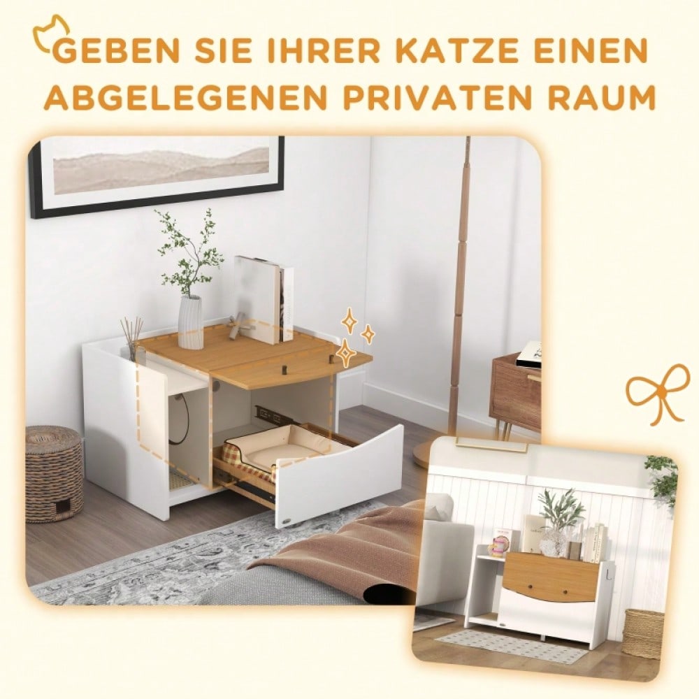PawHut Katzentoilette im Schrankdesign mit ausziehbarer Wanne & Streufach | Verstecktes Katzenklo in Eiche/Weiß | Platzsparend 78x50x51 cm