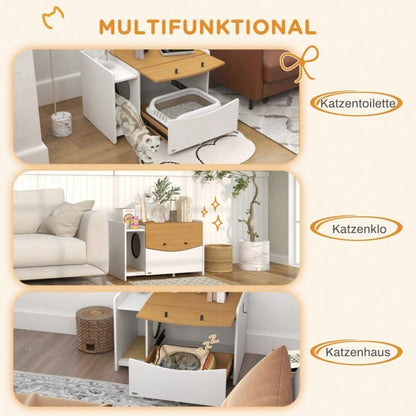PawHut Katzentoilette im Schrankdesign mit ausziehbarer Wanne & Streufach | Verstecktes Katzenklo in Eiche/Weiß | Platzsparend 78x50x51 cm