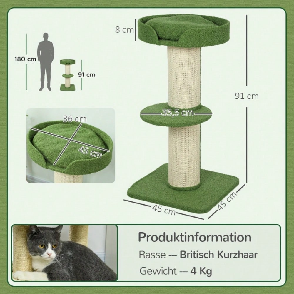 PawHut Kratzbaum 91 cm mit Katzenbett & Plattform | Spielbaum aus weicher Lammwolle in Grün | Stabiler Katzenbaum mit kuscheligem Schlafplatz, 91x45x45 cm