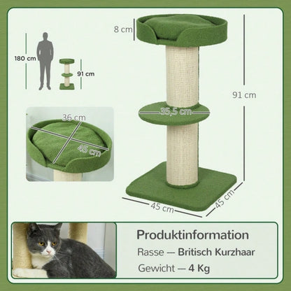 PawHut Kratzbaum 91 cm mit Katzenbett & Plattform | Spielbaum aus weicher Lammwolle in Grün | Stabiler Katzenbaum mit kuscheligem Schlafplatz, 91x45x45 cm