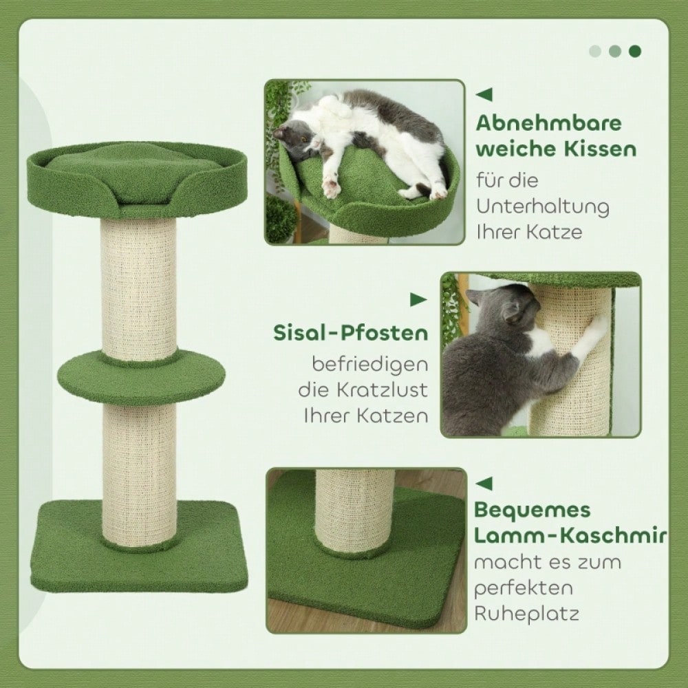 PawHut Kratzbaum 91 cm mit Katzenbett & Plattform | Spielbaum aus weicher Lammwolle in Grün | Stabiler Katzenbaum mit kuscheligem Schlafplatz, 91x45x45 cm