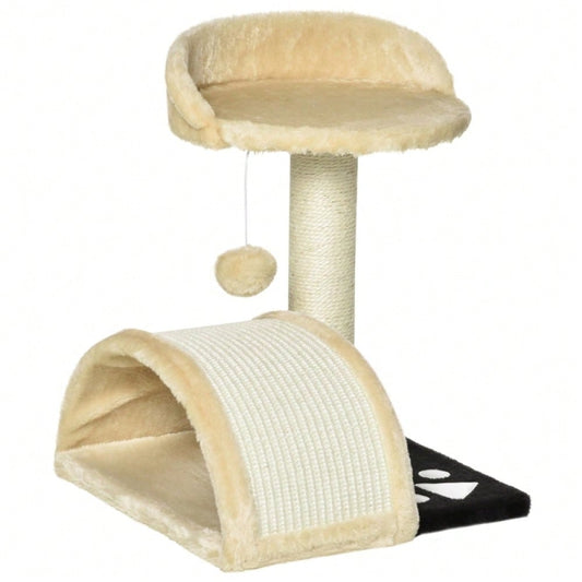 PawHut Kratzbaum mit Spielbällen & Sisalseil-Kratzstangen | Kompakter Katzenbaum mit Kuschelmöglichkeit | Aus Natursisal, 35,5x37x46 cm, beige