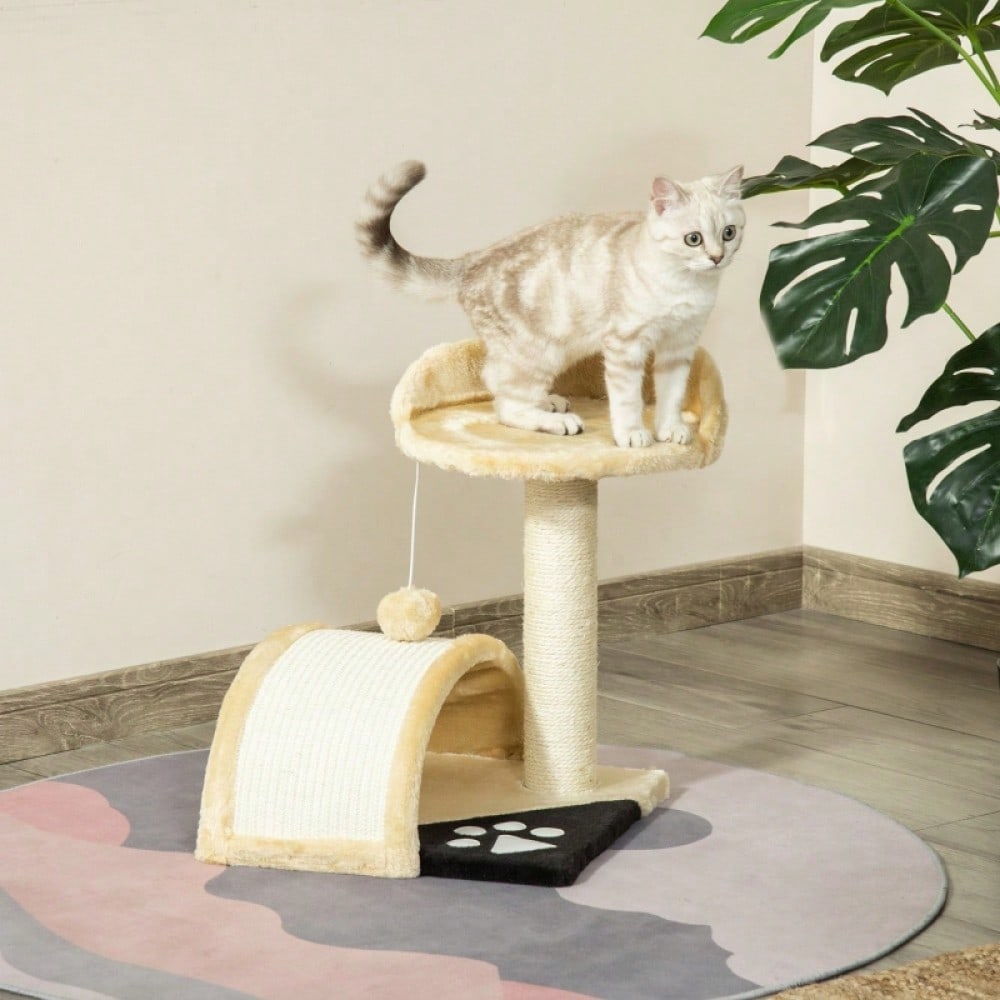 PawHut Kratzbaum mit Spielbällen & Sisalseil-Kratzstangen | Kompakter Katzenbaum mit Kuschelmöglichkeit | Aus Natursisal, 35,5x37x46 cm, beige