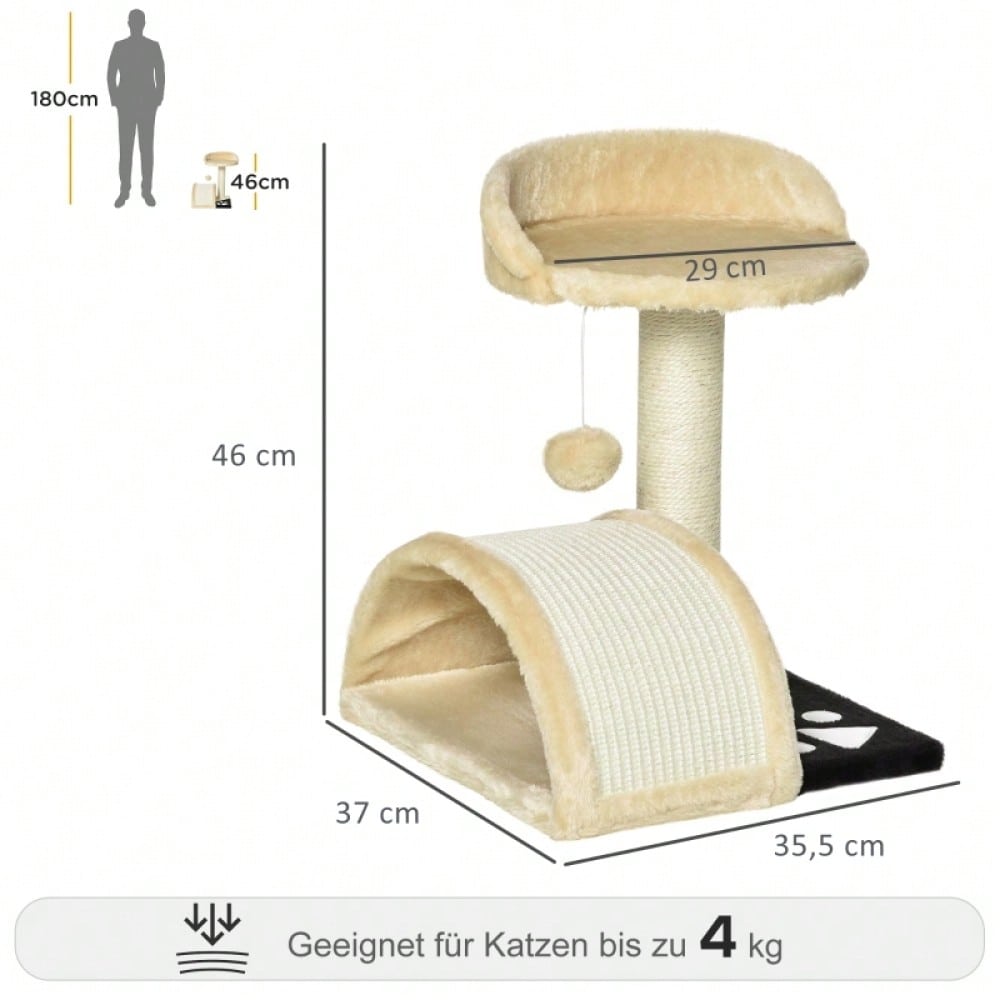 PawHut Kratzbaum mit Spielbällen & Sisalseil-Kratzstangen | Kompakter Katzenbaum mit Kuschelmöglichkeit | Aus Natursisal, 35,5x37x46 cm, beige