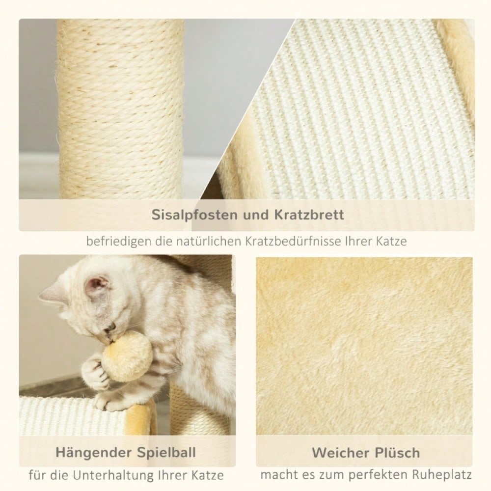 PawHut Kratzbaum mit Spielbällen & Sisalseil-Kratzstangen | Kompakter Katzenbaum mit Kuschelmöglichkeit | Aus Natursisal, 35,5x37x46 cm, beige