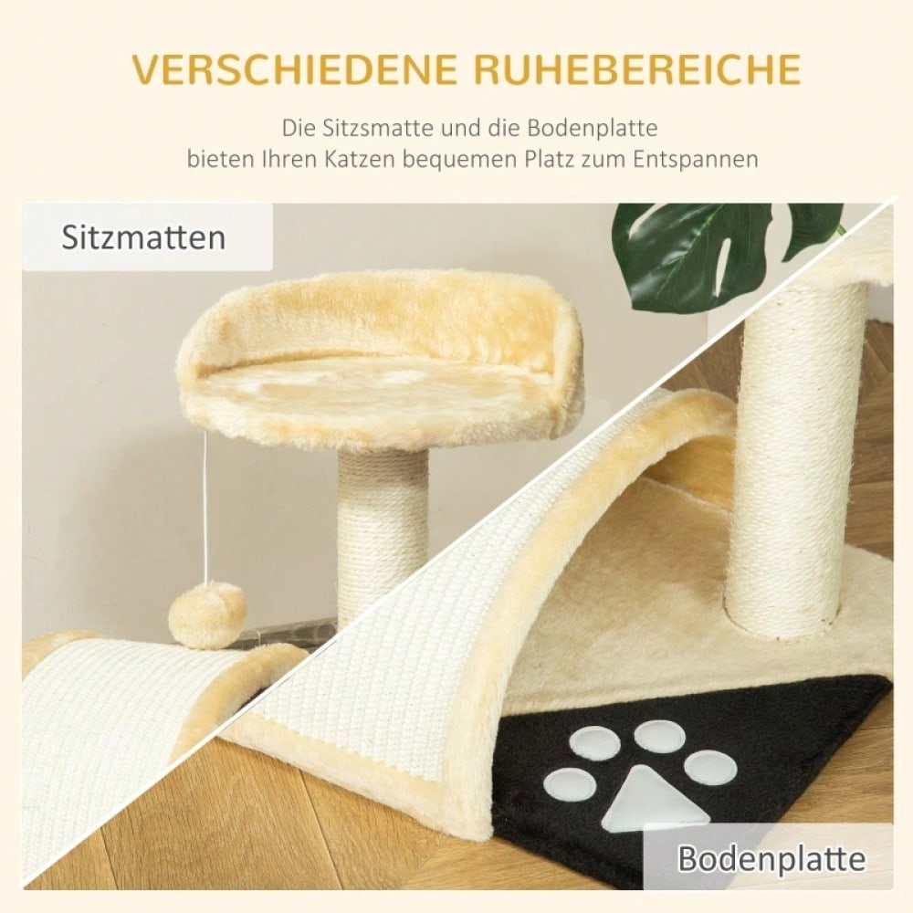 PawHut Kratzbaum mit Spielbällen & Sisalseil-Kratzstangen | Kompakter Katzenbaum mit Kuschelmöglichkeit | Aus Natursisal, 35,5x37x46 cm, beige