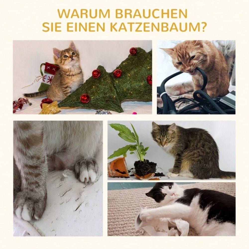 PawHut Kratzbaum mit Spielbällen & Sisalseil-Kratzstangen | Kompakter Katzenbaum mit Kuschelmöglichkeit | Aus Natursisal, 35,5x37x46 cm, beige