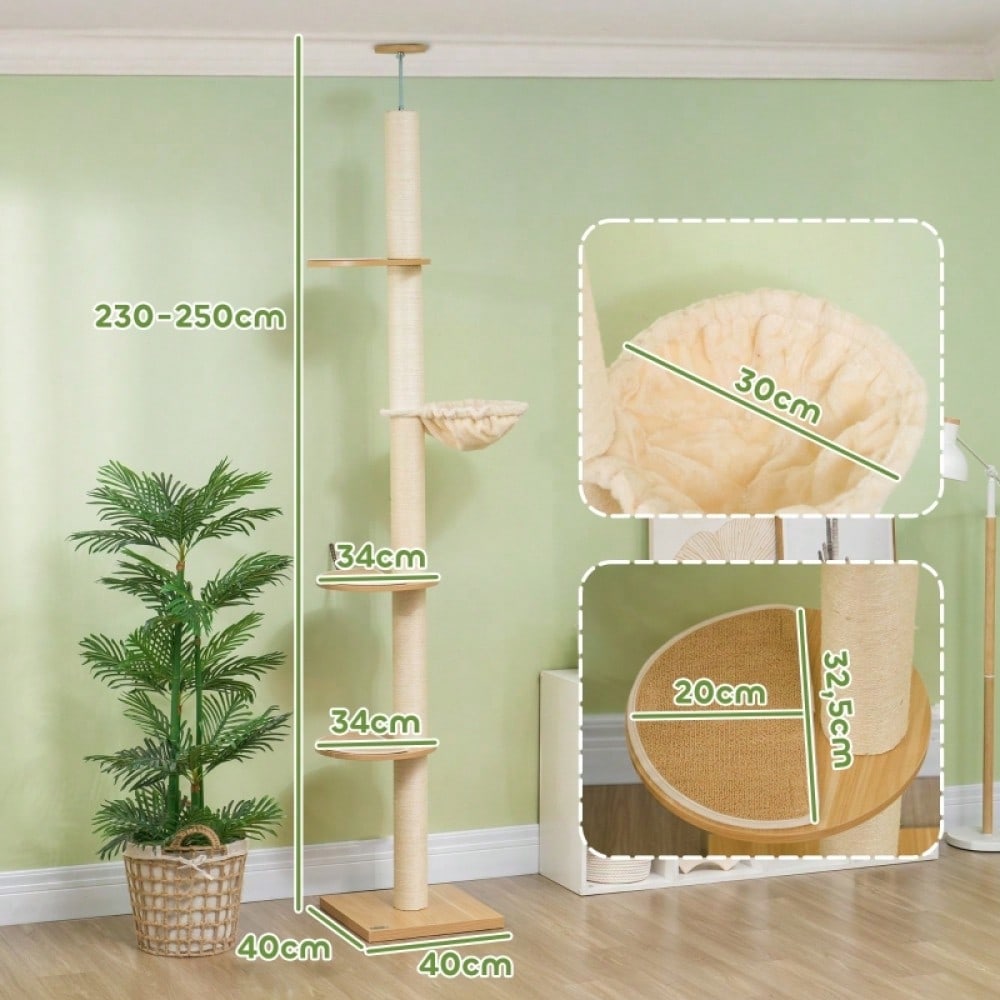 PawHut Deckenhoher Kratzbaum mit Anti-Kipp-Sicherung | Kratzbaum bis zur Decke mit Sisal-Pfosten | Aus Holzwerkstoff in Eiche & Cremeweiß, stabil und platzsparend