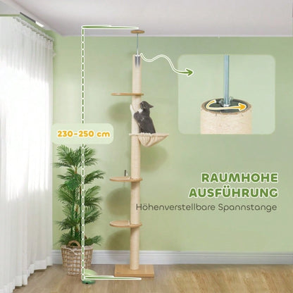 PawHut Deckenhoher Kratzbaum mit Anti-Kipp-Sicherung | Kratzbaum bis zur Decke mit Sisal-Pfosten | Aus Holzwerkstoff in Eiche & Cremeweiß, stabil und platzsparend