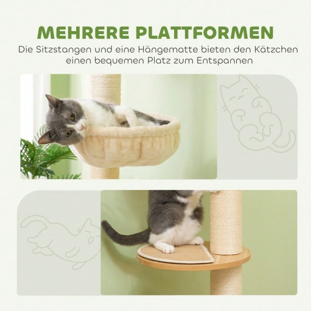 PawHut Deckenhoher Kratzbaum mit Anti-Kipp-Sicherung | Kratzbaum bis zur Decke mit Sisal-Pfosten | Aus Holzwerkstoff in Eiche & Cremeweiß, stabil und platzsparend