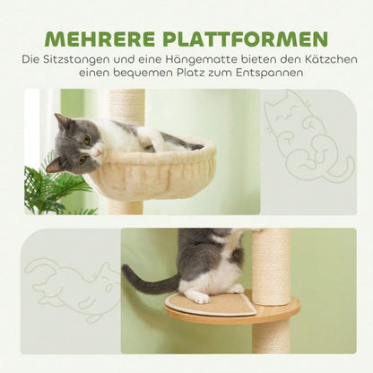 PawHut Deckenhoher Kratzbaum mit Anti-Kipp-Sicherung | Kratzbaum bis zur Decke mit Sisal-Pfosten | Aus Holzwerkstoff in Eiche & Cremeweiß, stabil und platzsparend