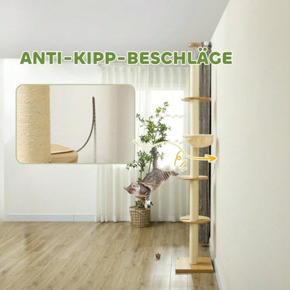 PawHut Deckenhoher Kratzbaum mit Anti-Kipp-Sicherung | Kratzbaum bis zur Decke mit Sisal-Pfosten | Aus Holzwerkstoff in Eiche & Cremeweiß, stabil und platzsparend