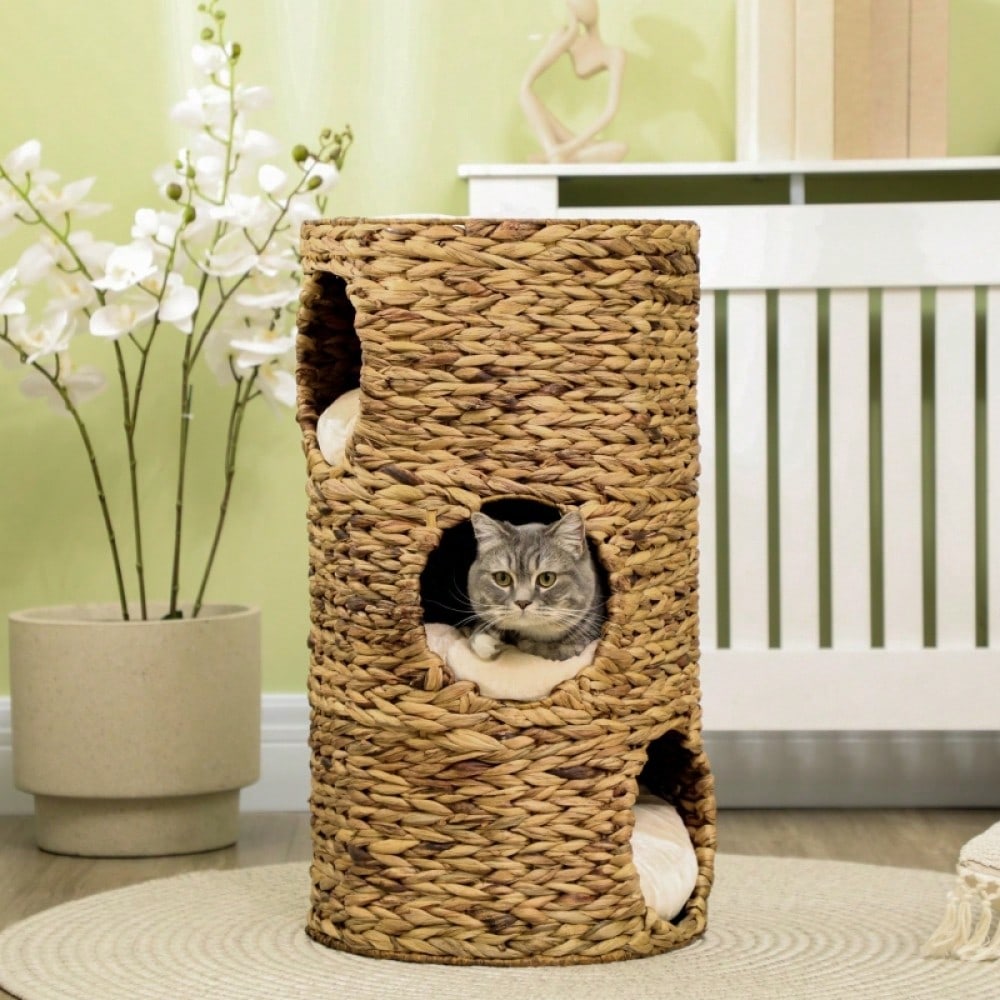 PawHut Katzenhöhle mit 3 Ebenen & 3 Eingängen | Boho-Design Katzenhaus mit weichem Kissen | Gemütlicher Schlafplatz für Katzen, 40x40x73 cm, hellbraun/cremeweiß