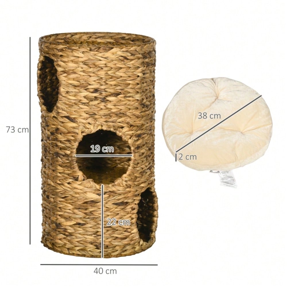 PawHut Katzenhöhle mit 3 Ebenen & 3 Eingängen | Boho-Design Katzenhaus mit weichem Kissen | Gemütlicher Schlafplatz für Katzen, 40x40x73 cm, hellbraun/cremeweiß