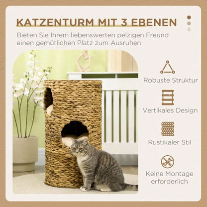 PawHut Katzenhöhle mit 3 Ebenen & 3 Eingängen | Boho-Design Katzenhaus mit weichem Kissen | Gemütlicher Schlafplatz für Katzen, 40x40x73 cm, hellbraun/cremeweiß