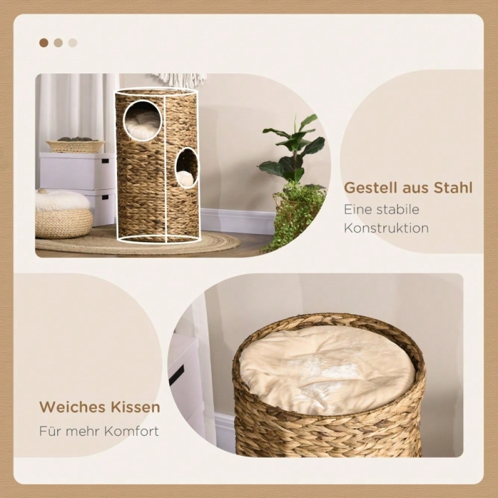 PawHut Katzenhöhle mit 3 Ebenen & 3 Eingängen | Boho-Design Katzenhaus mit weichem Kissen | Gemütlicher Schlafplatz für Katzen, 40x40x73 cm, hellbraun/cremeweiß