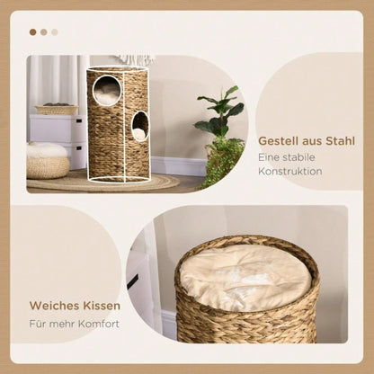 PawHut Katzenhöhle mit 3 Ebenen & 3 Eingängen | Boho-Design Katzenhaus mit weichem Kissen | Gemütlicher Schlafplatz für Katzen, 40x40x73 cm, hellbraun/cremeweiß