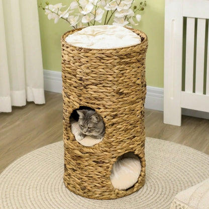 PawHut Katzenhöhle mit 3 Ebenen & 3 Eingängen | Boho-Design Katzenhaus mit weichem Kissen | Gemütlicher Schlafplatz für Katzen, 40x40x73 cm, hellbraun/cremeweiß