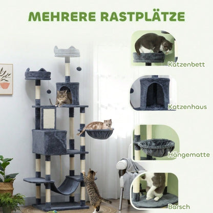 PawHut Kratzbaum 206 cm Katzenturm mit Höhle & 2 Spielbällen | Großer Kratzbaum mit Sisalstämmen & Plattform für schwere Katzen | Stabiler Katzenbaum in Dunkelgrau, platzsparend
