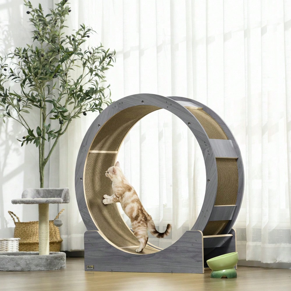 PawHut Premium Laufrad für Katzen 91 cm mit Sicherheitsbremse & Kratzbrett | Katzenlaufrad für gesunde Bewegung und Stressabbau | Robustes Trainingsrad in Grau, für aktive Katzen